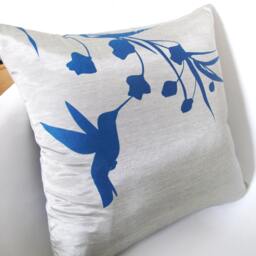 Silver Grey Hummingbird Pillow Cover Navy Blue Silkscreened Silk, 16 - thumbnail 3
