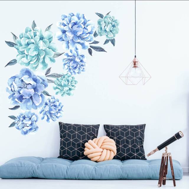 Wall Decor Peony Flower Blue, Kids Room Wall Art, Floral Wallpaper, Nursery Decor, Flowers Decals - image 1