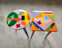 Small Wooden Resin Accent Tables, Colorful Side Coffee Painted Abstract Art