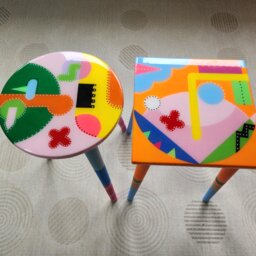Small Wooden Resin Accent Tables, Colorful Side Coffee Painted Abstract Art - thumbnail 3