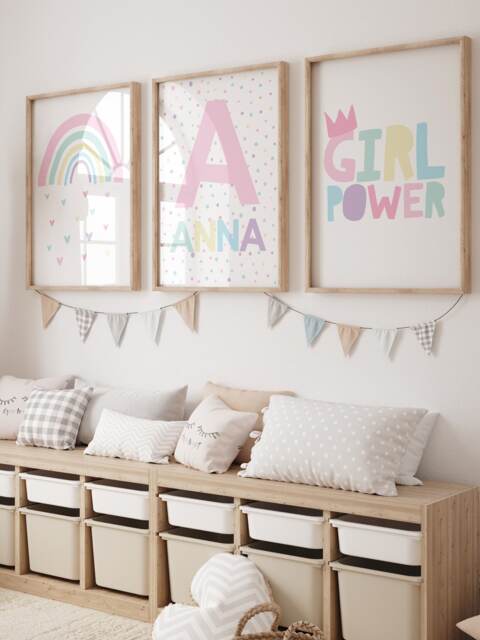 Set Of 3 Girls Bedroom Prints, Girl Power, Personalised, Rainbow Wall Art, Positive, Motivational Inspirational - image 1
