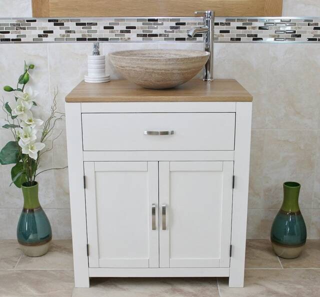 Off White Painted Vanity Unit - Oak Top Cabinet With Stone Basin Choice 502Psbc - image 1