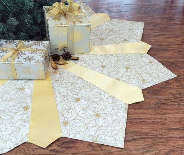 Golden Poinsettias Quilted Christmas Tree Skirt - Full Sized Or Mini Skirt - image 1