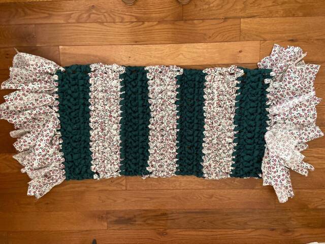 Handmade Crocheted Rag Rug Hunter Green & Floral Cloth Rug - 17x48 Inches - image 1