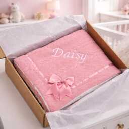 Personalised Baby Blanket Embroidered Knitted With Bow Sherpa Reverse Newborn Boy Girl Unisex Gift - thumbnail 1