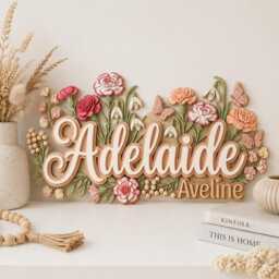 Personalized Floral Nursery Name Sign, 3D Wooden Baby Girl Wall Decor, Custom Boho Flower Plaque, Shower Gift - thumbnail 2