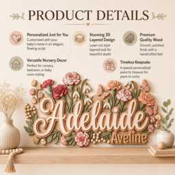 Personalized Floral Nursery Name Sign, 3D Wooden Baby Girl Wall Decor, Custom Boho Flower Plaque, Shower Gift - thumbnail 4