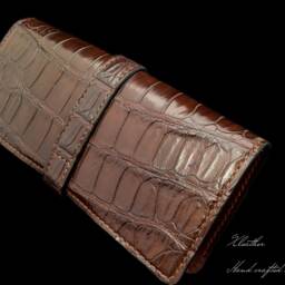 Alligator Leather Fountain Pen Case Handmade Chocolate Brown Pouch - thumbnail 2