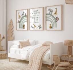 Safari Nursery Print Set Sage Green Rainbow, Animals, Quote