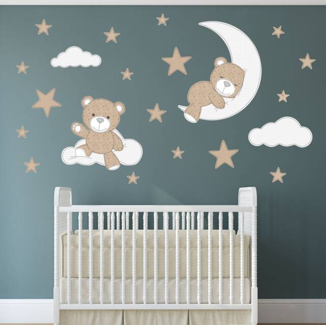 Teddy Bear Nursery Wall Decals Moon, Stars, Clouds Fabric Stickers - image 1
