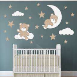Teddy Bear Nursery Wall Decals Moon, Stars, Clouds Fabric Stickers