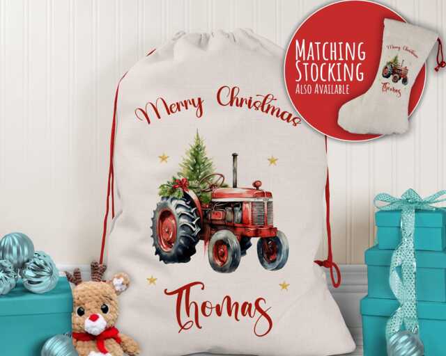 Personalised Christmas Sack - Santa For Kids Presents Xmas Tree & Tractor Design Stocking Eve Bag Girls & Boys Xs062 - image 1