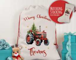 Personalised Christmas Sack - Santa For Kids Presents Xmas Tree & Tractor Design Stocking Eve Bag Girls & Boys Xs062