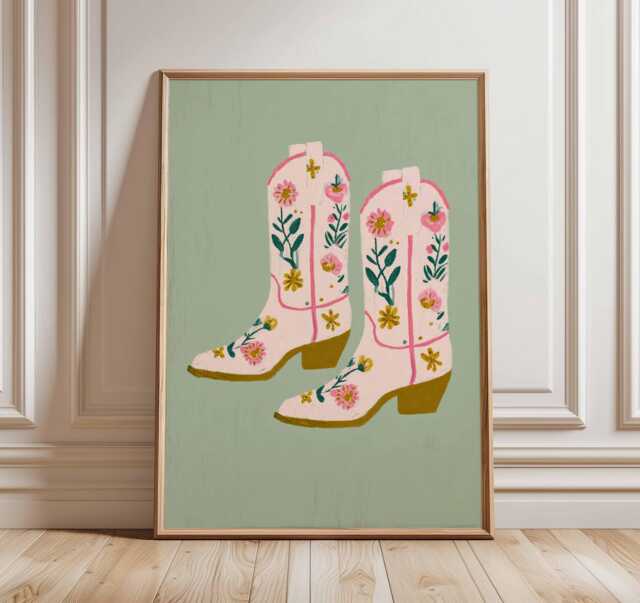 Cowgirl Boots Wall Art Print - Western Country Decor Poster Floral Cowboy Illustration Retro Pink Style - image 1