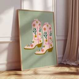 Cowgirl Boots Wall Art Print - Western Country Decor Poster Floral Cowboy Illustration Retro Pink Style - thumbnail 2