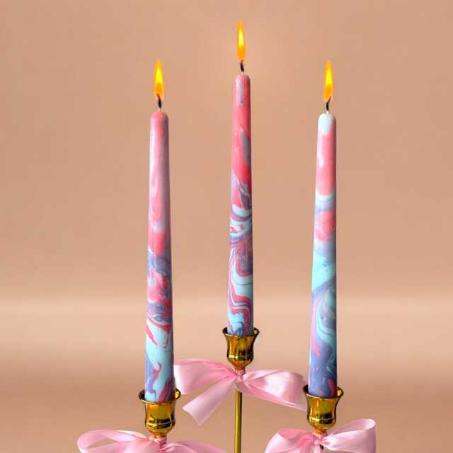 Handmade Marble Taper Candles Pink, Purple & Blue Dip Dye - 25cm - image 1