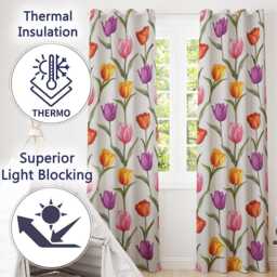 Elegant Tulip Floral Seamless Pattern Soft Neutral Background Readymade Eyelet Ring Top Thermal 100% Blackout Curtains - thumbnail 3