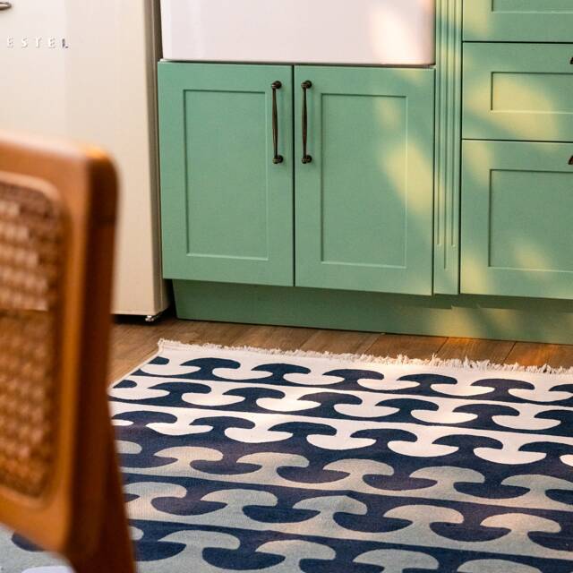 Recycled Cotton Kilim Rug - Reversible Indigo Blue Wave Design - image 1