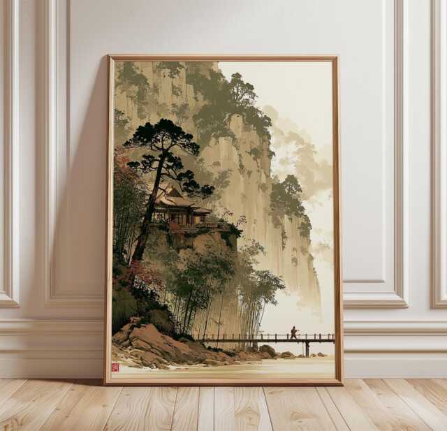 Japanese Mountain Temple Poster, Asian Landscape Wall Art, Paper Print - image 1