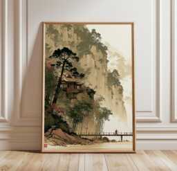 Japanese Mountain Temple Poster, Asian Landscape Wall Art, Paper Print