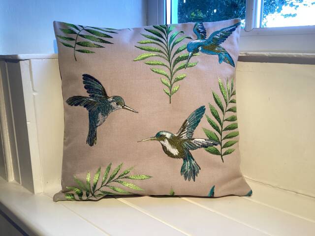 Embroidered Hummingbird Cushion Cover, Jewel Tone Floral Design - image 1