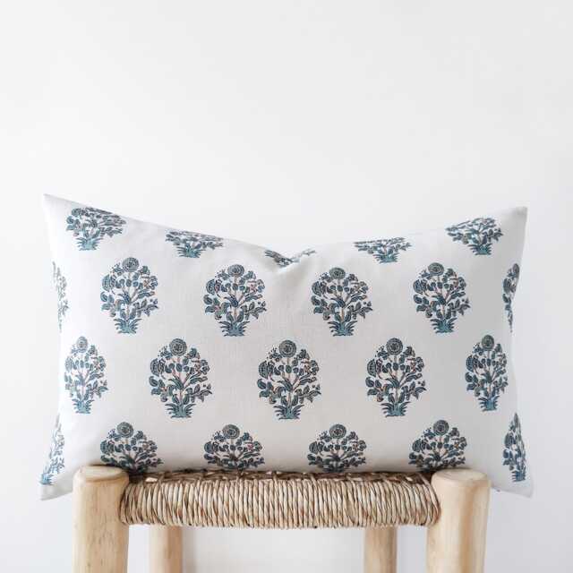 Blue-Green Floral Lumbar Pillow Cover - Organic Cotton Printed Cushion - image 1