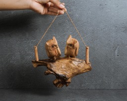Handmade Hanging Wooden Owl Couple Figurine, 7 - thumbnail 1