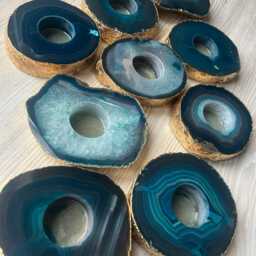 Large Teal Agate Slice Microcrystalline Quartz Gold Gilded 24Ct Tealight Candle Holder Ornament Gift - thumbnail 2