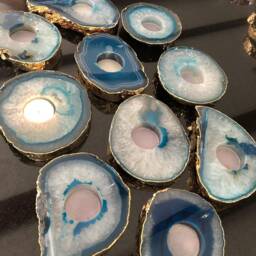 Large Teal Agate Slice Microcrystalline Quartz Gold Gilded 24Ct Tealight Candle Holder Ornament Gift - thumbnail 3