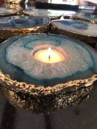 Large Teal Agate Slice Microcrystalline Quartz Gold Gilded 24Ct Tealight Candle Holder Ornament Gift - thumbnail 1