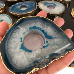 Large Teal Agate Slice Microcrystalline Quartz Gold Gilded 24Ct Tealight Candle Holder Ornament Gift - thumbnail 4