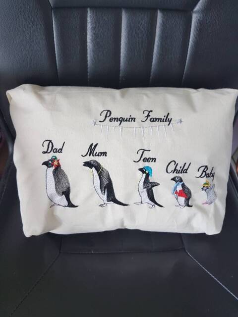 Embroidered Personalised Penguin Family Cushion