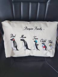 Embroidered Personalised Penguin Family Cushion