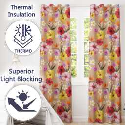 Tropical Hibiscus Bird Of Paradise Seamless Pattern Peach Background Readymade Eyelet Ring Top Thermal 100% Blackout Curtains - thumbnail 3