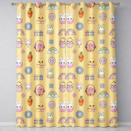 Easter Chick Bunny Carrot Rainbow Flower Yellow Background Seamless Pattern Readymade Eyelet Ring Top Thermal 100% Blackout Curtains - thumbnail 2