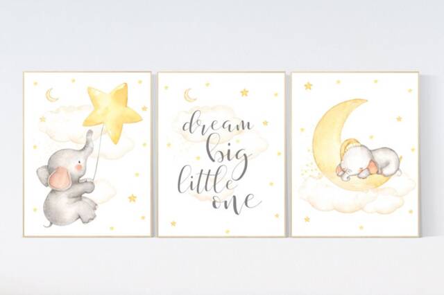 Elephant Nursery Art Print Moon, Stars, Cloud Decor - image 1