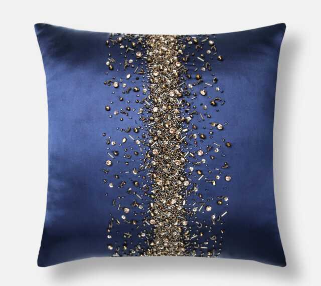 Navy Satin Pillow Cover, Hand Embroidered Gold Crystals - Bmcc107 - image 1