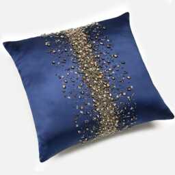Navy Satin Pillow Cover, Hand Embroidered Gold Crystals - Bmcc107 - thumbnail 2