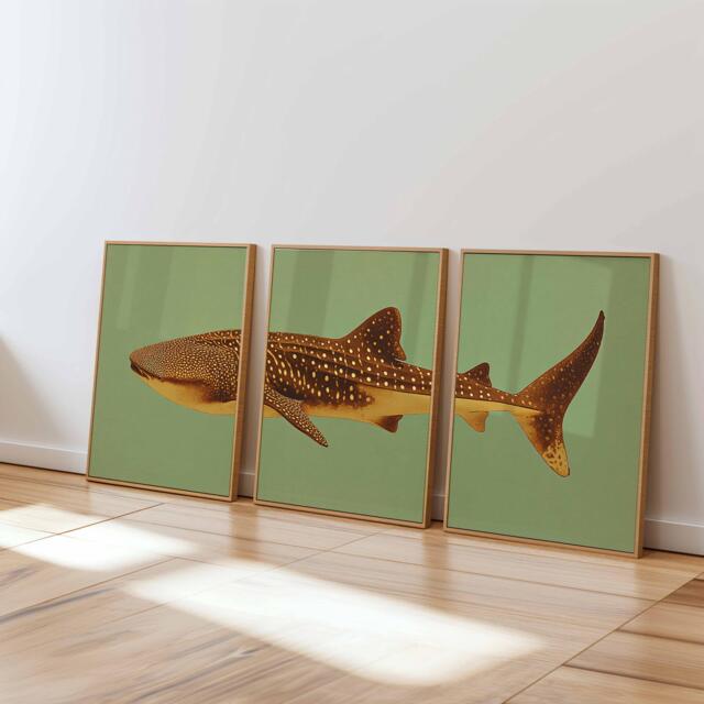 Whale Shark Print Set, Vintage Teal Gold Ocean Art, Coastal Home Decor - image 1