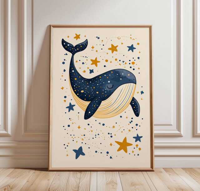 Whale Poster Art - Cute Starry Night Print, Kids Wall Art, Cartoon Design, Dreamy Ocean Fun Animal Poster, Nursery Decor - image 1
