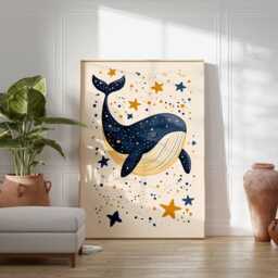 Whale Poster Art - Cute Starry Night Print, Kids Wall Art, Cartoon Design, Dreamy Ocean Fun Animal Poster, Nursery Decor - thumbnail 3