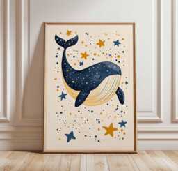 Whale Poster Art - Cute Starry Night Print, Kids Wall Art, Cartoon Design, Dreamy Ocean Fun Animal Poster, Nursery Decor - thumbnail 1