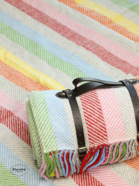 Stripe Herringbone Wool Picnic Blanket With Leather Strap - Waterproof Mat Camping Gift Beach Accessories - image 1