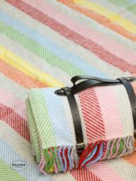Stripe Herringbone Wool Picnic Blanket With Leather Strap - Waterproof Mat Camping Gift Beach Accessories - thumbnail 1