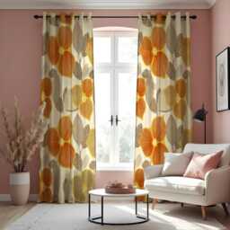 Retro Floral Curtains, Bold Orange & Yellow Flower Drapes, Custom Made Window Panels For Living Room, Eyelet Or Rod Pocket Options - thumbnail 2