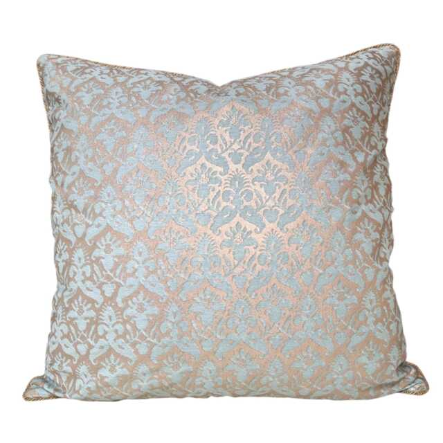 Fortuny Fabric Throw Pillow Cushion Cover in Aquamarine & Silvery Gold Delfino Pattern - Made Italy - image 1