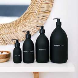 Matt Black Glass Soap Dispenser Bottle - Retro Stamped Label Pump Choice Of Sizes - thumbnail 4