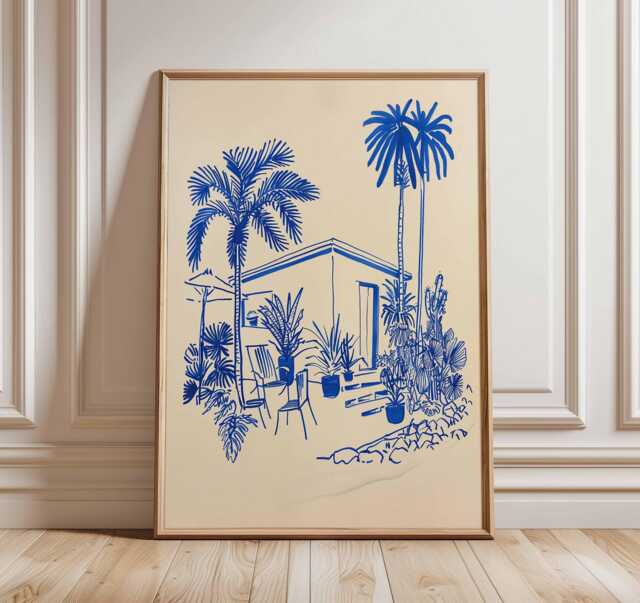 Tropical Wall Art, Palm Tree Poster, Modern Line Art Print, Coastal Decor, Beach House Minimal Blue Artwork, Summer Vibes Print - image 1