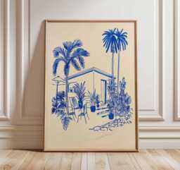 Tropical Wall Art, Palm Tree Poster, Modern Line Art Print, Coastal Decor, Beach House Minimal Blue Artwork, Summer Vibes Print - thumbnail 1