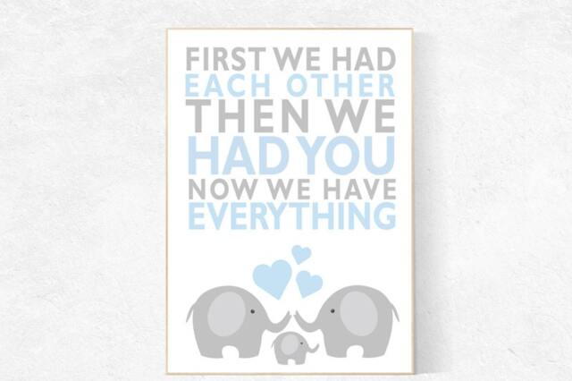 Elephant Nursery Art Print Blue Gray Baby Boy Room Decor - image 1